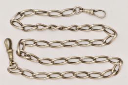 A SILVER FANCY LINK ALBERT CHAIN, elongated curb links, each link stamped with sterling marks,