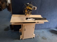 A De WALT DW720 RADIAL ARM SAW mounted on a bespoke pine stand with original steel legs and bolts (