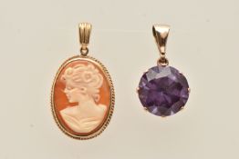 TWO PENDANTS, to include a small 9ct gold carved shell cameo, depicting a lady in profile, fitted
