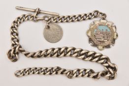 A SILVER ALBERT CHAIN WITH FOB MEDAL AND COIN, graduated heavy curb link chain, each link stamped