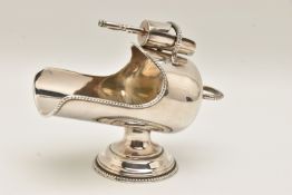 AN ELIZABETH II SILVER SUGAR SCUTTLE, poished form with beaded rim, on a round base, together with a