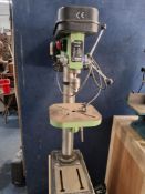 A REXON RDM-80B PILLAR DRILL ON BESPOKE PINE STAND with cupboard below and drop door wheels, total