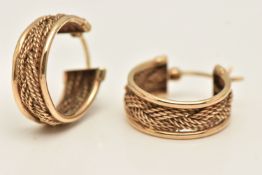 A PAIR OF 9CT GOLD WIDE HOOP EARRINGS, approximate width 6.3mm, woven design, fitted with hinged