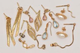 AN ASSORTMENT OF EARRINGS, to include five pairs of yellow metal earrings, four in boxes, a pair
