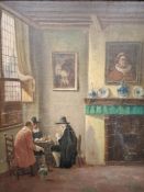 A VAN DER KELLEN, A MEETING, a Dutch genre scene, three figures are seated at a table in a
