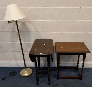 AN EARLY 20TH CENTURY OAK GATE LEG TABLE, raised on barley twist legs, united by stretchers, another