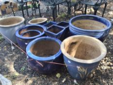 A SELECTION OF TEN GLAZED PLANT POTS, of various sizes and shapes, largest pot size, diameter