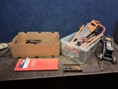 TWO TRAYS CONTAINING TOOLS including a Lake and Elliott trolley jack with handle, a Moore and Wright