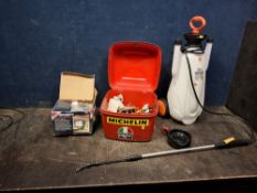 A MOTORCYCLE TOP BOX CONTAINING TOOL, a portable sprayer and an outdoor lamp (all untested)