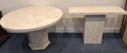 POSSIBLY TRAVERTINE, A CIRCULAR TABLE, raised on a hexagonal pedestal, along with a rectangular