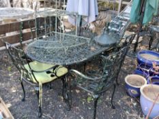 A GREEN CAST ALUMINIUM OVAL RECTANGULAR GARDEN TABLE, length 160cm, depth 90cm, height 70cm, six