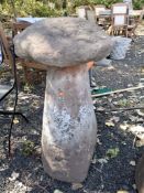 A RED SANDSTONE STADDLE STONE, top diameter 50cm, height 91cm Qty: 2 sections Condition Report:
