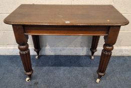 A MAHOGANY DEMI-LUNE TABLE, raised on fluted legs with castors Dimensions:width 107cm x depth 52cm x