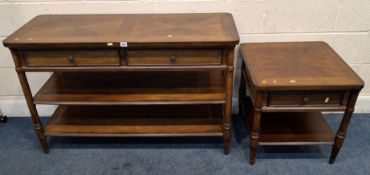 A MODERN THREE-TIER SIDE TABLE, fitted with two frieze drawers, raised on turned legs, along with