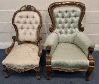 TWO CHAIRS, the larger one with armrests, both with button backrests, raised on cabriole front
