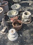 A SELECTION OF GARDEN ORNAMENTS AND POTS, to include a pair of weathered concrete urns, diameter
