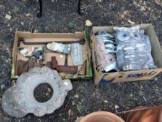 A SELECTION OF GARDEN ORNAMENTS AND TOOLS, to include two boxes containing three owl plastic