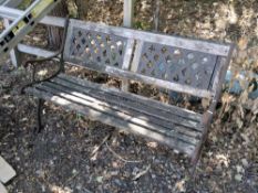 A CAST ALUMINIUM GARDEN BENCH, with stained teak slats, length 103cm Condition Report:some broken