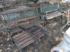 A CAST ALUMINIUM SLATTED GARDEN BENCH, 260cm, 260cm, and matching table, along with a similar garden
