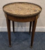 A LOUIS XVI STYLE CIRCULAR BOUILLOTTE TABLE, with a marble insert, a raised brass gallery, fitted