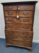 A GEORGIAN MAHOGANY CHEST ON CHEST, fitted with two short over three long drawers, atop a base