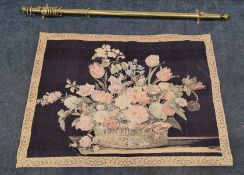 A SMALL RECTANGULAR TAPESTRY, depicting a basket of flowers, along with a rail Dimensions:tapestry