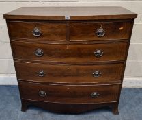 A GEORGIAN MAHOGANY BOW FRONT CHEST OF TWO SHORT OVER THREE LONG DRAWERS, raised on bracket feet