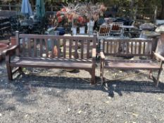 TWO STAINED TEAK GARDEN BENCHES, larger bench length 182cm Qty: 2 Condition Report:both solid