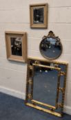FOUR WALL MIRRORS, varying in shape, size, style, material, etc Dimensions:largest mirror 95cm x