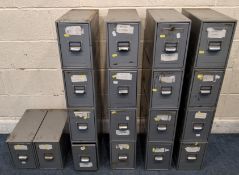 A SET OF EIGHTEEN METAL INDEX DRAWERS Dimensions:width 19cm x depth 39cm x height 27cm Qty: 18