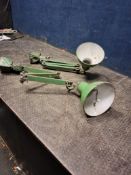 A PAIR OF VINTAGE INDUSTRIAL ARTICULATED WORKSHOP LAMP with green enamel shades and four knuckles (