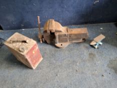 A RECORD No.25 ENGINEERS VICE (DAMAGED), a small anvill and a vintage Shell fuel can with a brass BP
