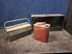 A WOODEN CARPENTERS TOOLBOX, A METAL TOOLBOX AND A PETROL CAN including a hand brace, a Sargent wood