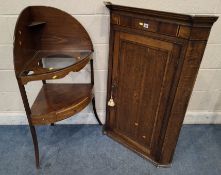 A GEORGIAN OAK WALL HANGING CORNER CUPBOARD, along with a corner washstand, with a later glass