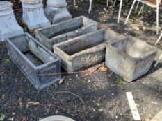 A PAIR OF WEATHERED CONCRETE RECTANGULAR PLANTERS, with a bowfront, length 75cm, a square planter