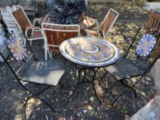 A MOSAIC TILE AND METAL GARDEN TABLE, and two folding chairs Qty: 3 Condition Report:section of