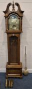 A LATE 20TH CENTURY OAK CASED LONGCASE CLOCK, with twin swan neck pediment and a finial, the