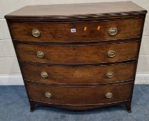 A GEORGIAN MAHOGANY BOW FRONT CHEST OF FOUR LONG GRADUATED DRAWERS, raised on bracket feet