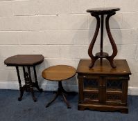 AN OLD CHARM MEDIA CABINET, with two lead glazed doors, a tripod table, along with two other