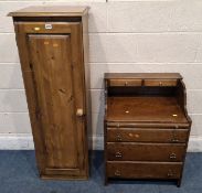 A MODERN PINE SINGLE DOOR CUPBOARD, along with a small desk with five assorted drawers, and a