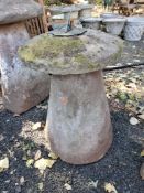 A RED SANDSTONE STADDLE STONE, the top appears to not be red sandstone, and has a later sun dial