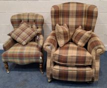 A WING BACK ARMCHAIR, with tartan upholstery, along with another chair Dimensions:larger chair width