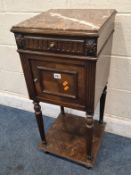 AN EARLY 20TH CENTURY ROSEWOOD MARBLE TOP POT CUPBOARD, with a single drawer over a single