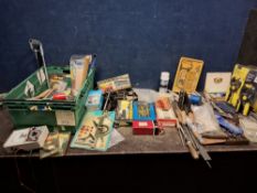 A TRAY CONTAINING ENGINEERING TOOLS including a micrometer, a bearing puller, combination square