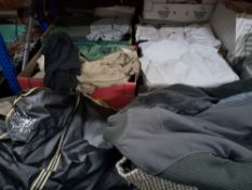 SIX BOXES AND LOOSE OF MAINLY MEN'S CLOTHING including coats, jackets, pullovers, trousers, shirts