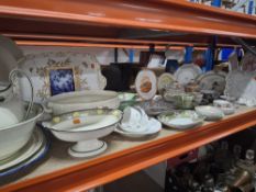 A MIXED LOT OF VINTAGE HOUSEHOLD CERAMICS to include a large twin handled tureen with transfer