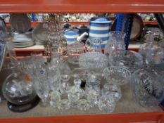 A GROUP OF CRYSTAL AND CUT GLASS ITEMS comprising a ship in a decanter on wooden stand, a ship in