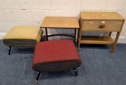AN OAK SIDE TABLE, with a single drawer, a teak table, along with two storage stools Dimensions: