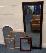 FIVE WALL MIRRORS, varying in shape, size, style, material, etc Dimensions:largest mirror 137cm x