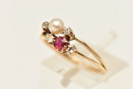 A YELLOW METAL DIAMOND, RUBY AND CULTURED PEARL RING, possible conversion piece two rings soldered